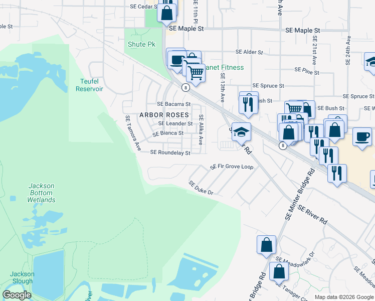 map of restaurants, bars, coffee shops, grocery stores, and more near 1233 Southeast Roundelay Street in Hillsboro