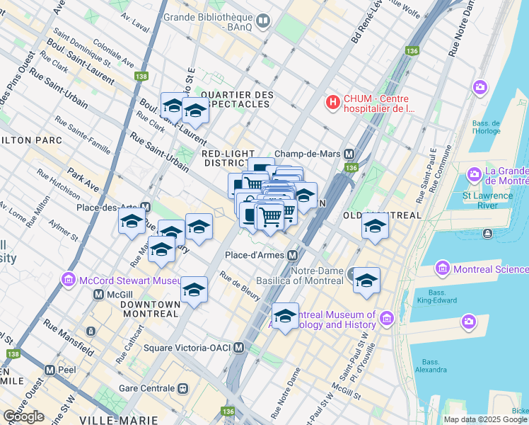 map of restaurants, bars, coffee shops, grocery stores, and more near in Montreal