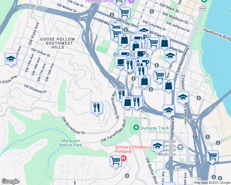 map of restaurants, bars, coffee shops, grocery stores, and more near SW Broadway & SW Broadway Dr in Portland