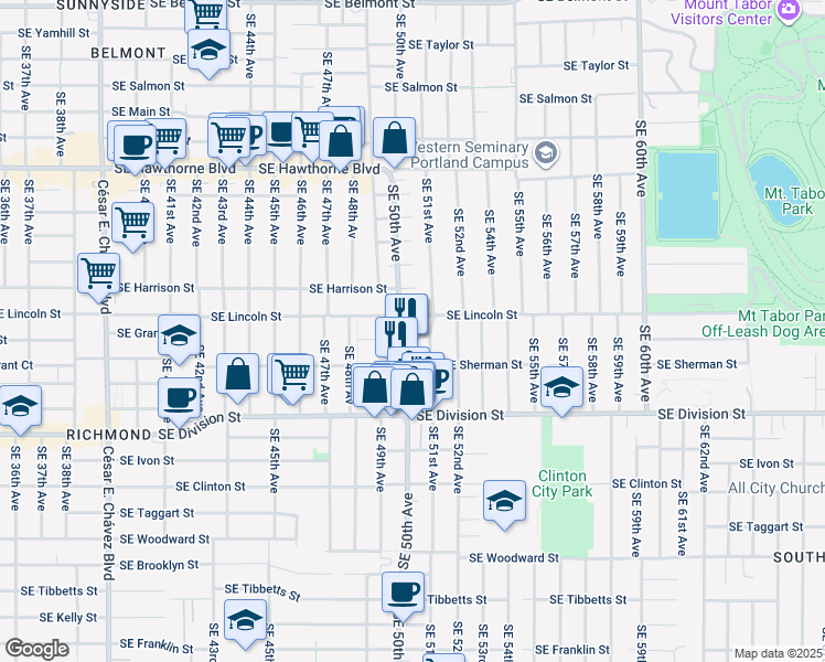 map of restaurants, bars, coffee shops, grocery stores, and more near 4917 Southeast Sherman Street in Portland
