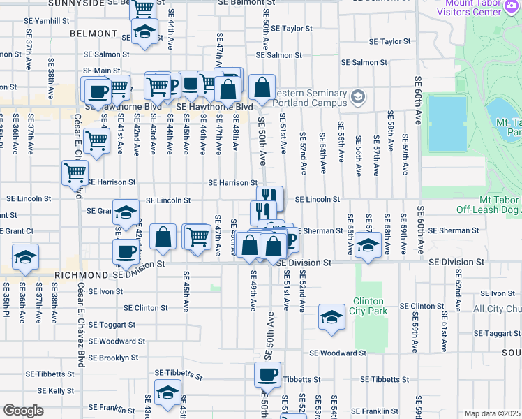 map of restaurants, bars, coffee shops, grocery stores, and more near 4917 Southeast Sherman Street in Portland