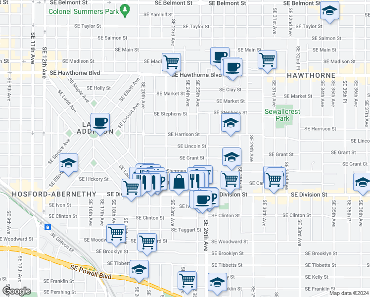 map of restaurants, bars, coffee shops, grocery stores, and more near 2207 Southeast 24th Avenue in Portland