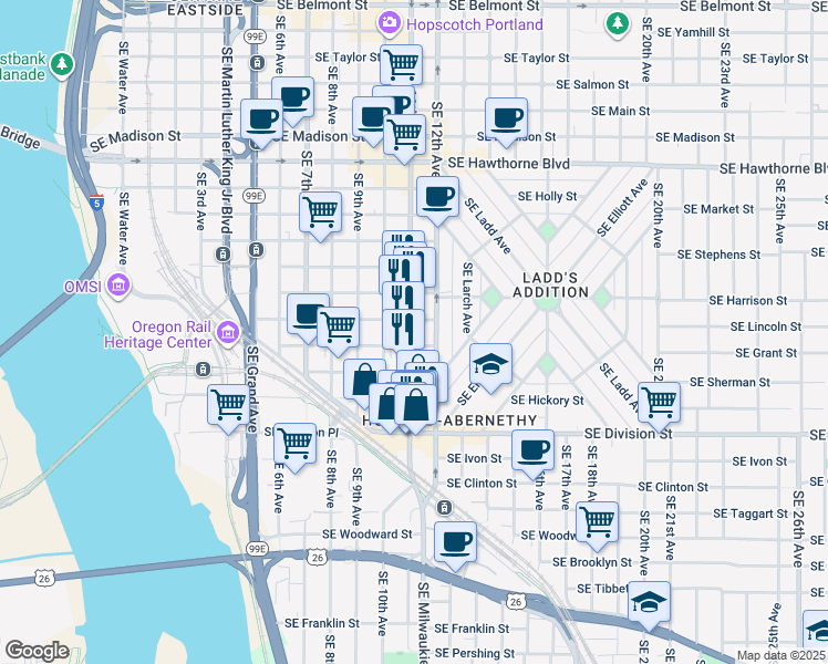 map of restaurants, bars, coffee shops, grocery stores, and more near 2201 Southeast 11th Avenue in Portland