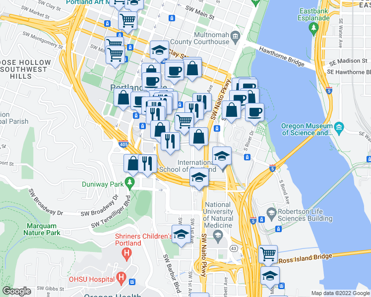 map of restaurants, bars, coffee shops, grocery stores, and more near 1309 Southwest 1st Avenue in Portland