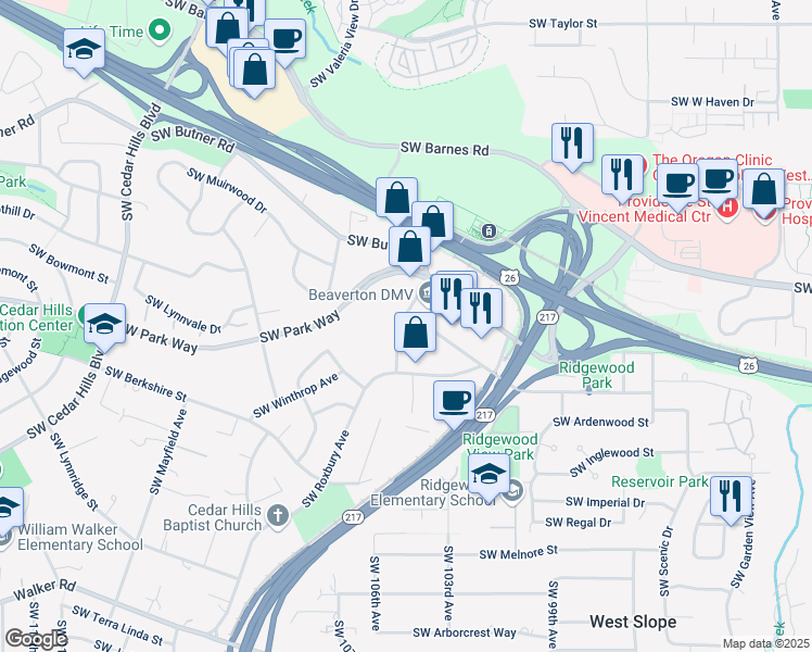 map of restaurants, bars, coffee shops, grocery stores, and more near 1800 Southwest Marlow Avenue in Portland