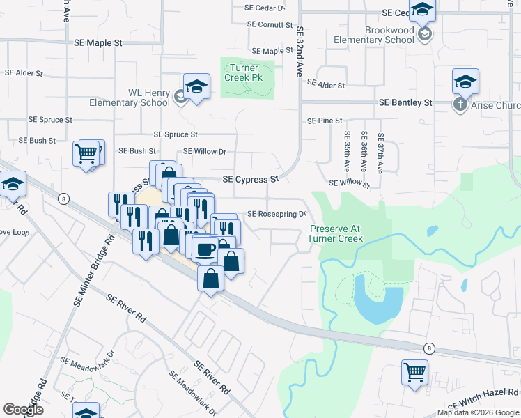 map of restaurants, bars, coffee shops, grocery stores, and more near 2979 Southeast Turner Creek Drive in Hillsboro