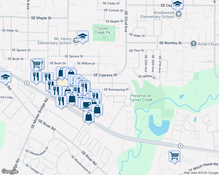 map of restaurants, bars, coffee shops, grocery stores, and more near 2979 Southeast Turner Creek Drive in Hillsboro