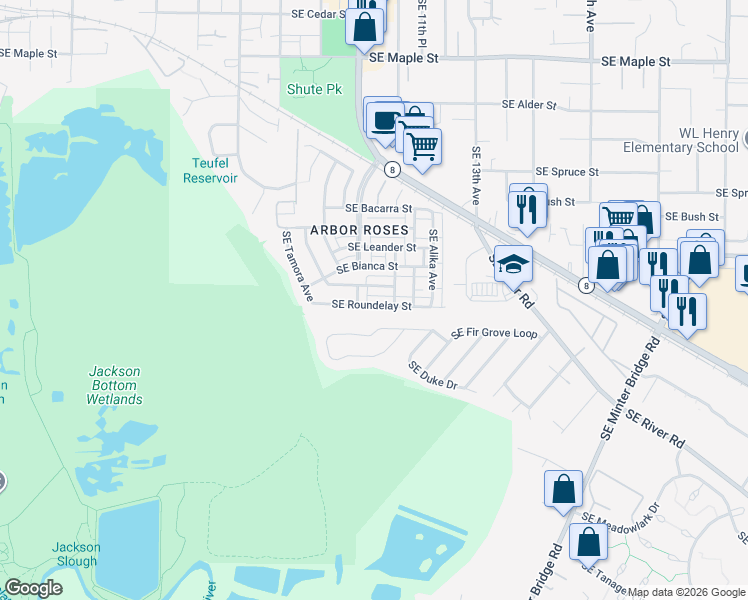 map of restaurants, bars, coffee shops, grocery stores, and more near 1179 Southeast Fir Grove Loop in Hillsboro
