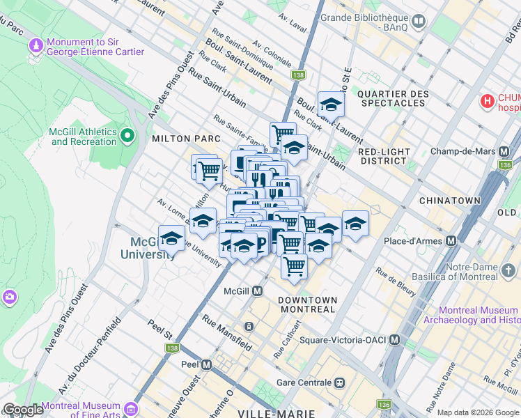 map of restaurants, bars, coffee shops, grocery stores, and more near 400 Sherbrooke Street West in Montreal