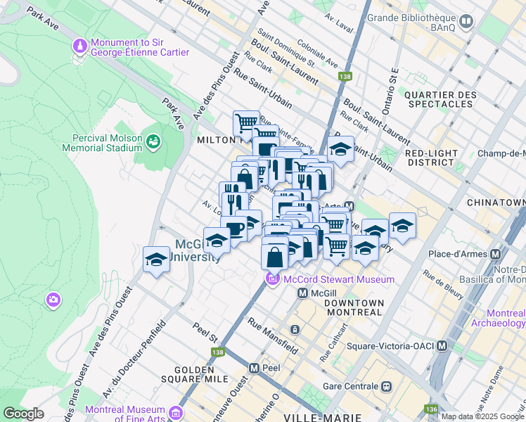 map of restaurants, bars, coffee shops, grocery stores, and more near 3460 Rue Durocher in Montréal