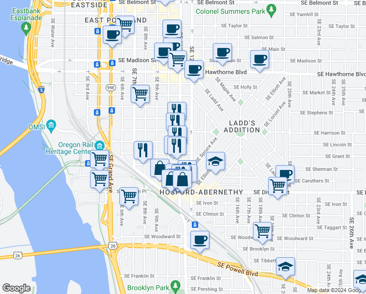 map of restaurants, bars, coffee shops, grocery stores, and more near 2118 Southeast 11th Avenue in Portland