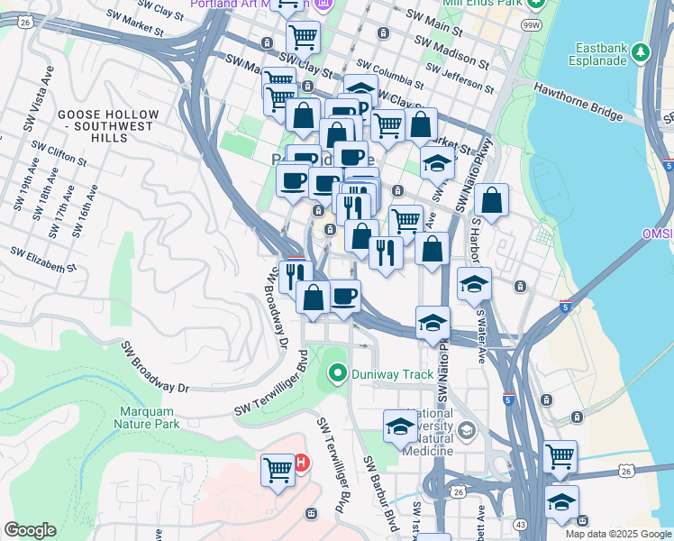 map of restaurants, bars, coffee shops, grocery stores, and more near 2130 Southwest 5th Avenue in Portland