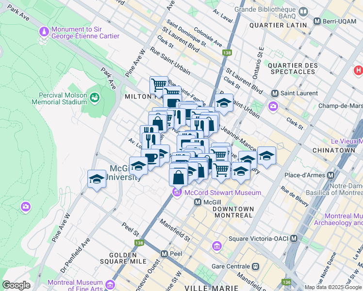 map of restaurants, bars, coffee shops, grocery stores, and more near 3433 Durocher St in Montreal