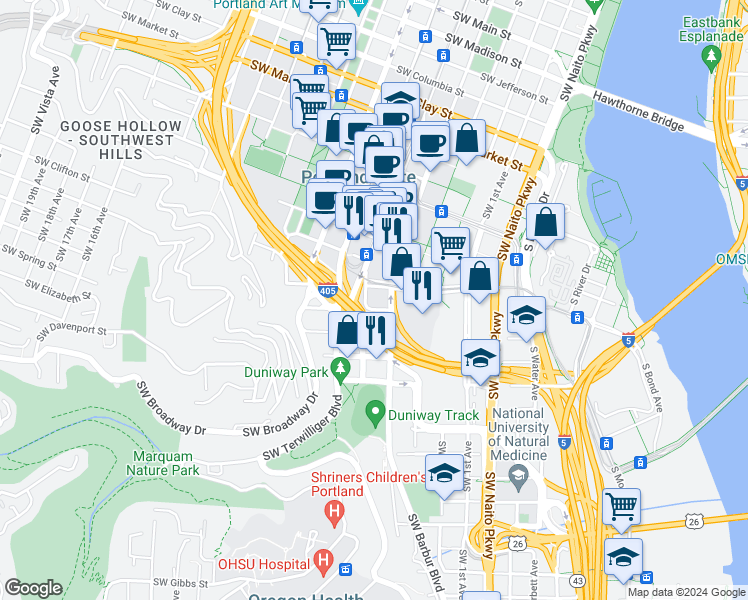 map of restaurants, bars, coffee shops, grocery stores, and more near 2130 Southwest 5th Avenue in Portland