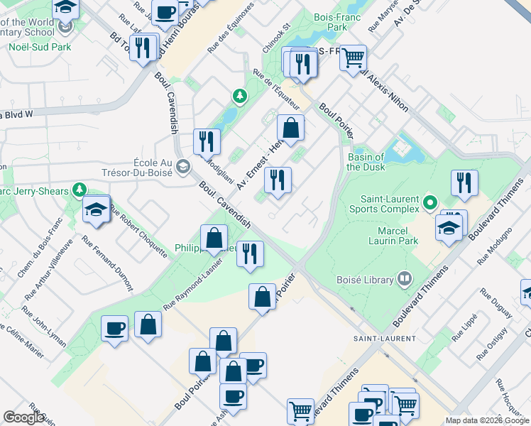 map of restaurants, bars, coffee shops, grocery stores, and more near 2925 Place Cherry in Montréal
