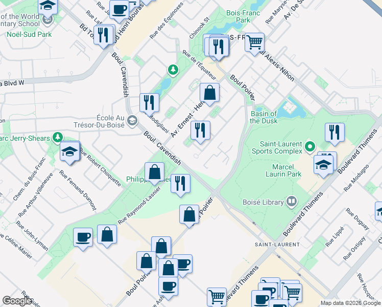 map of restaurants, bars, coffee shops, grocery stores, and more near 2925 Place Cherry in Montréal