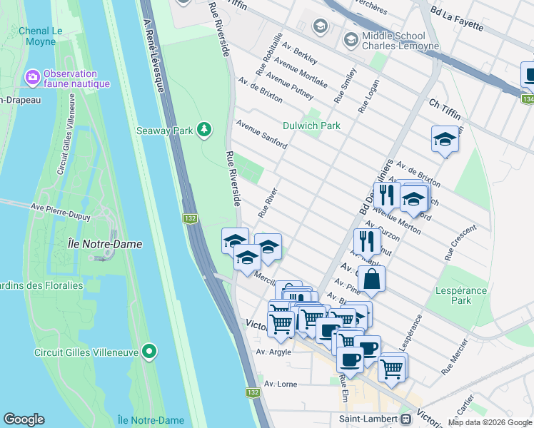 map of restaurants, bars, coffee shops, grocery stores, and more near 285 Rue River in Saint-Lambert