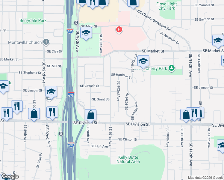 map of restaurants, bars, coffee shops, grocery stores, and more near 2080 Southeast 101st Avenue in Portland