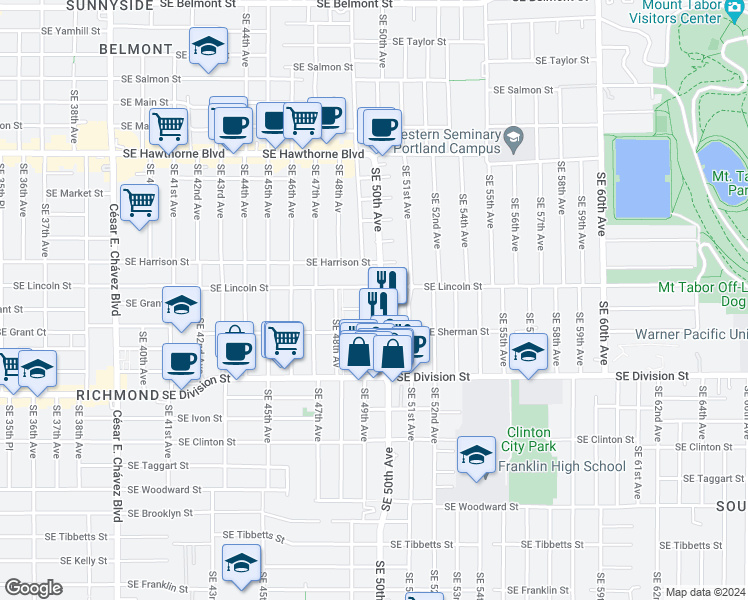 map of restaurants, bars, coffee shops, grocery stores, and more near 2121 Southeast 50th Avenue in Portland