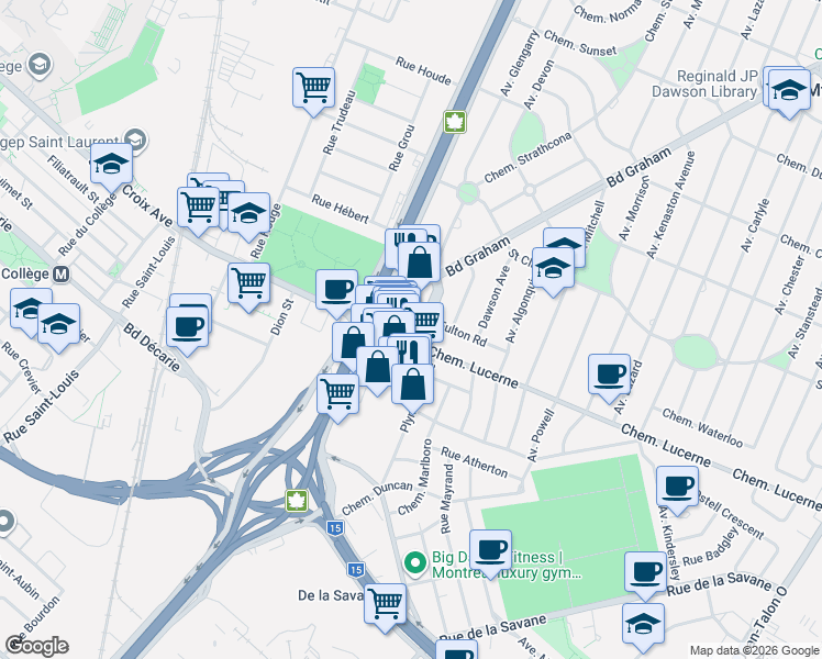 map of restaurants, bars, coffee shops, grocery stores, and more near 585 Avenue Glengarry in Mont-Royal