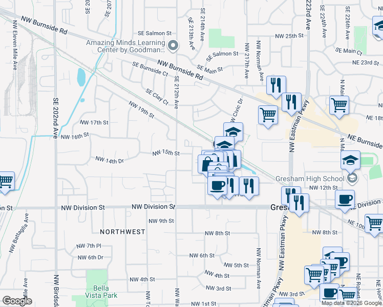 map of restaurants, bars, coffee shops, grocery stores, and more near 1112 Northwest 15th Street in Gresham