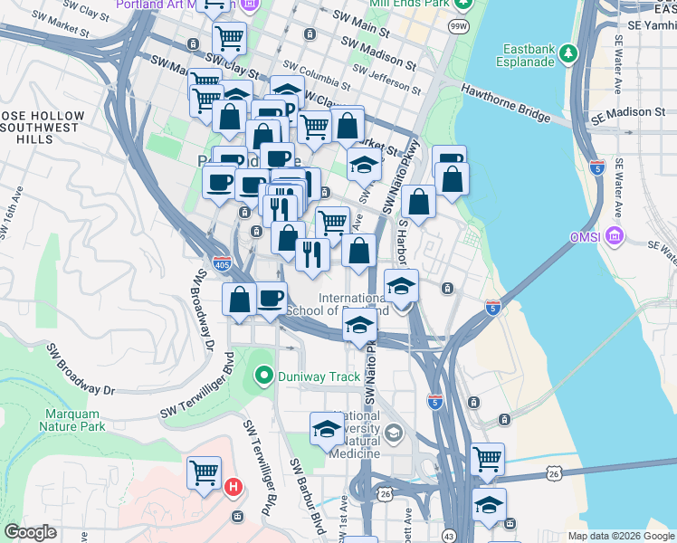 map of restaurants, bars, coffee shops, grocery stores, and more near 2211 Southwest 1st Avenue in Portland