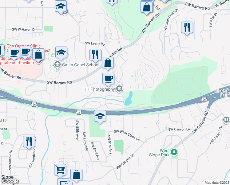map of restaurants, bars, coffee shops, grocery stores, and more near 8030 Southwest Brookridge Street in Portland