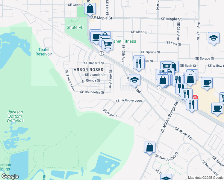 map of restaurants, bars, coffee shops, grocery stores, and more near 1192 Southeast Alika Avenue in Hillsboro