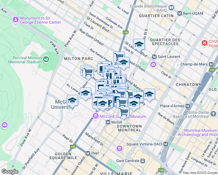 map of restaurants, bars, coffee shops, grocery stores, and more near 380 Rue Sherbrooke Ouest in Montréal