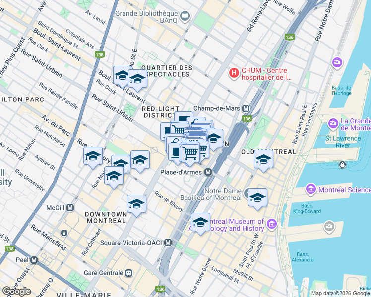 map of restaurants, bars, coffee shops, grocery stores, and more near in Montreal