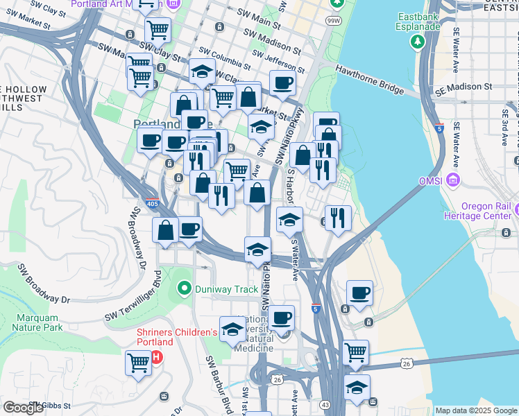 map of restaurants, bars, coffee shops, grocery stores, and more near 2145 Southwest Naito Parkway in Portland