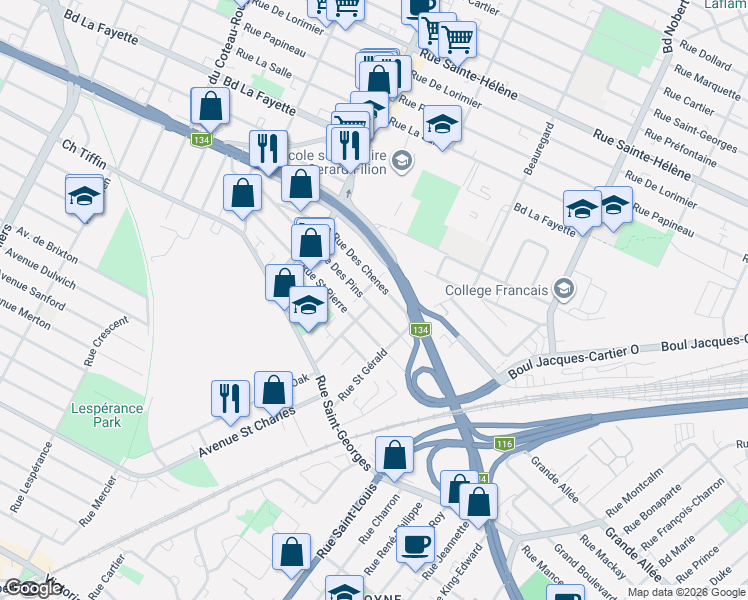 map of restaurants, bars, coffee shops, grocery stores, and more near 1914 Avenue des Pins in Longueuil