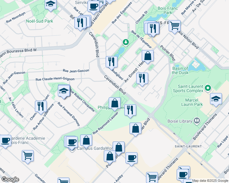 map of restaurants, bars, coffee shops, grocery stores, and more near 2995 Avenue Ernest - Hemingway in Montréal