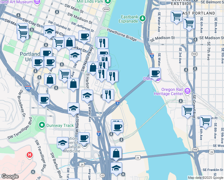 map of restaurants, bars, coffee shops, grocery stores, and more near 1920 South River Drive in Portland