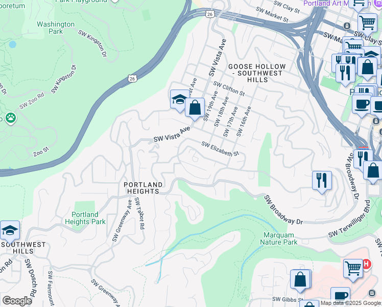 map of restaurants, bars, coffee shops, grocery stores, and more near 1840 Southwest Hawthorne Terrace in Portland