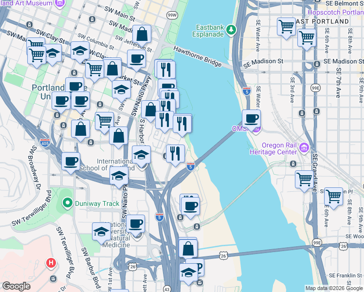 map of restaurants, bars, coffee shops, grocery stores, and more near 1920 South River Drive in Portland
