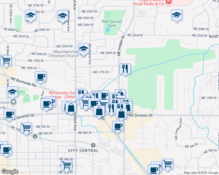 map of restaurants, bars, coffee shops, grocery stores, and more near 1616 Northeast 16th Way in Gresham