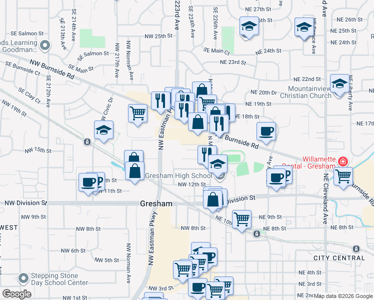 map of restaurants, bars, coffee shops, grocery stores, and more near 140 Northwest 14th Place in Gresham