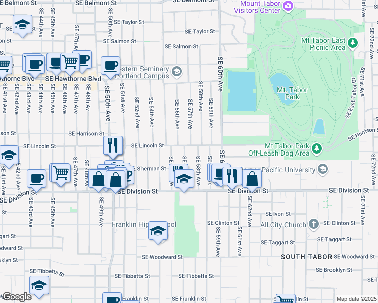 map of restaurants, bars, coffee shops, grocery stores, and more near 2225 Southeast 58th Avenue in Portland