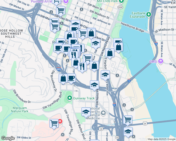 map of restaurants, bars, coffee shops, grocery stores, and more near 1309 Southwest 1st Avenue in Portland