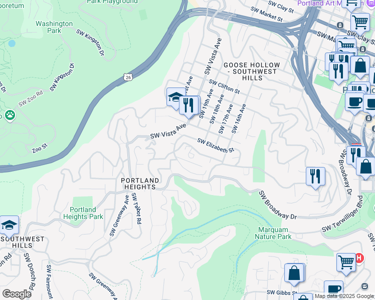 map of restaurants, bars, coffee shops, grocery stores, and more near 1755 Southwest High Street in Portland