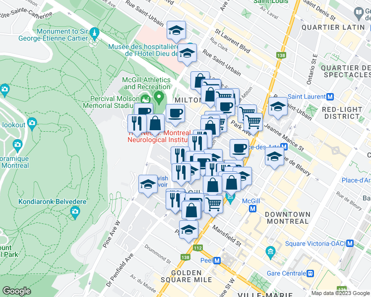 map of restaurants, bars, coffee shops, grocery stores, and more near 3566 Avenue Lorne in Montréal