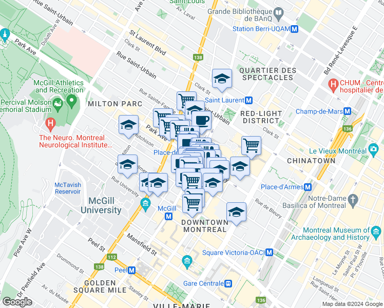 map of restaurants, bars, coffee shops, grocery stores, and more near 321 Avenue du Président-Kennedy in Montréal
