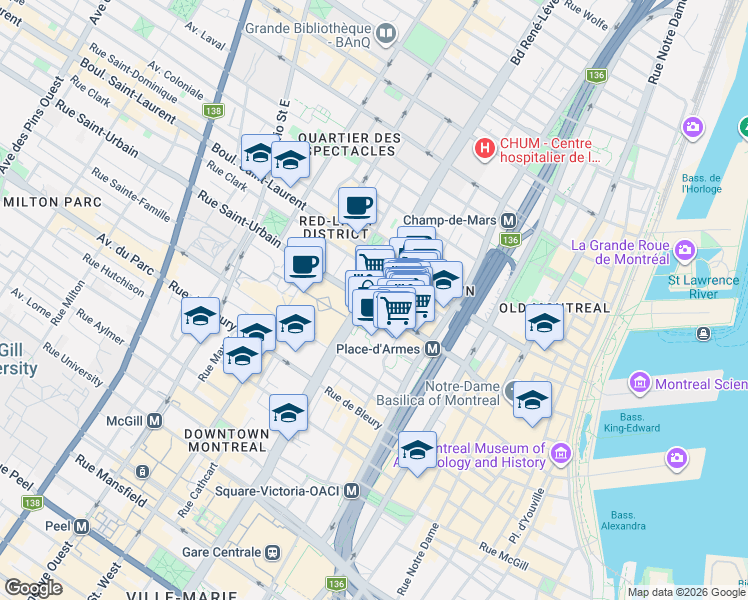 map of restaurants, bars, coffee shops, grocery stores, and more near 1111 Rue Saint-Urbain in Montréal