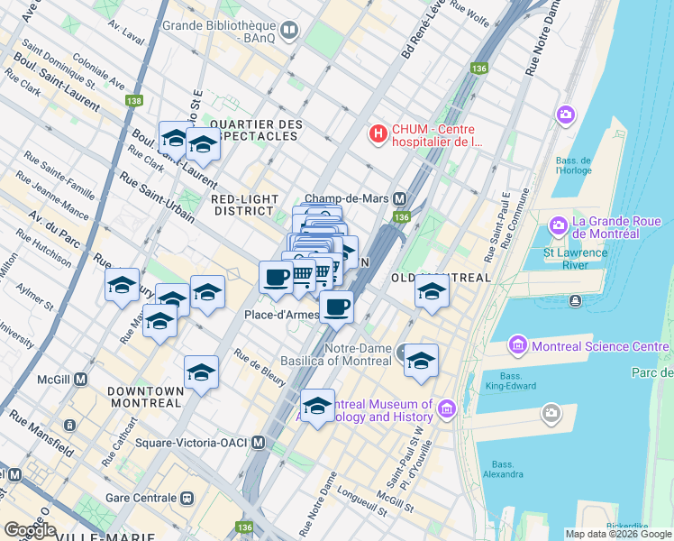 map of restaurants, bars, coffee shops, grocery stores, and more near 998 Saint Laurent Boulevard in Montreal