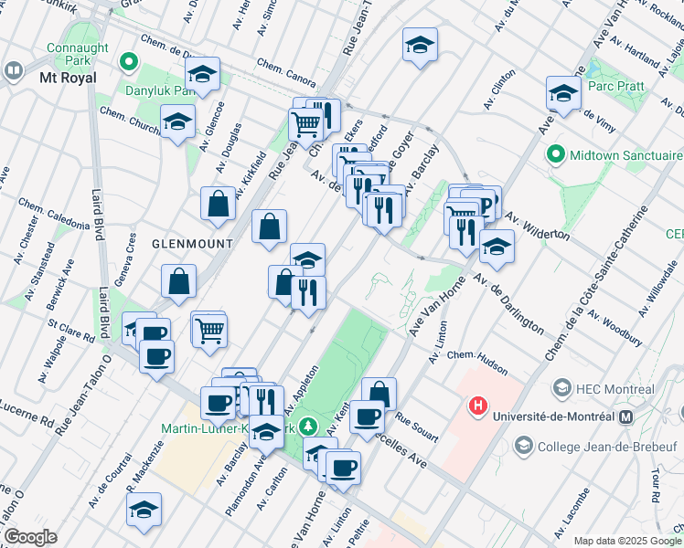 map of restaurants, bars, coffee shops, grocery stores, and more near 3045 Avenue Barclay in Montréal