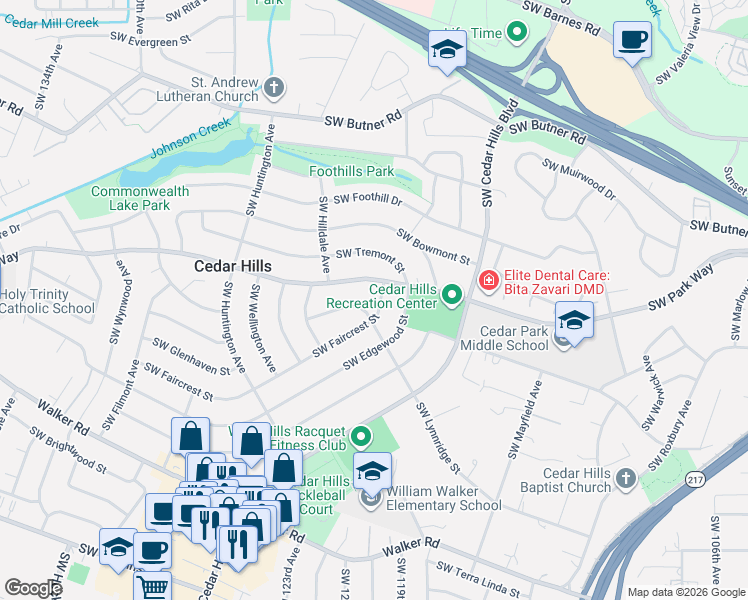 map of restaurants, bars, coffee shops, grocery stores, and more near 11925 Southwest Faircrest Street in Portland