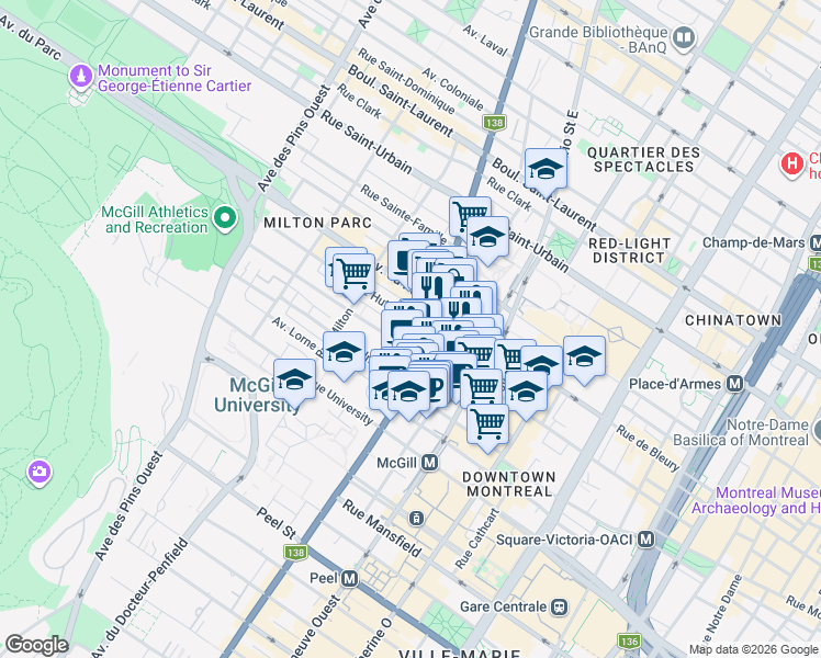 map of restaurants, bars, coffee shops, grocery stores, and more near 3420 Rue Hutchison in Montrã©Al