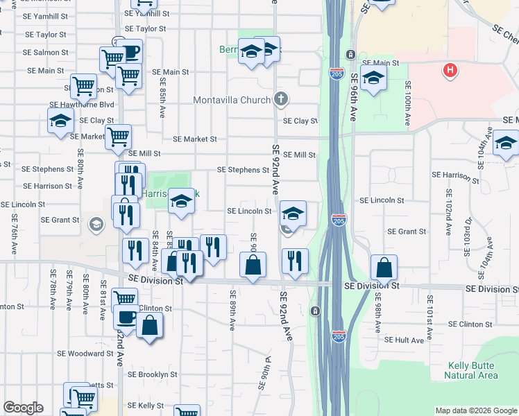 map of restaurants, bars, coffee shops, grocery stores, and more near 9111 Southeast Lincoln Street in Portland