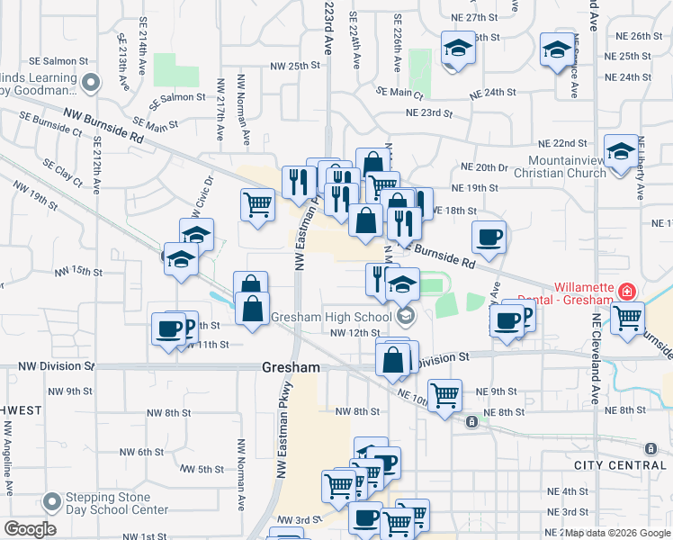 map of restaurants, bars, coffee shops, grocery stores, and more near 162 Northwest 15th Street in Gresham